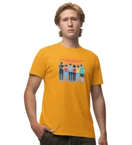 Squad Comes First Yellow Round Neck Cotton Half Sleeved Men T Shirt with Printed Graphics
