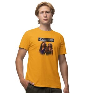 Wierd But Trustworthy Yellow Round Neck Cotton Half Sleeved Men T Shirt with Printed Graphics
