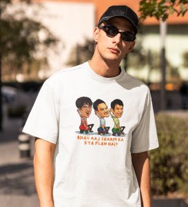 What's The Plan ? White Round Neck Cotton Half Sleeved Men T-Shirt with Printed Graphics