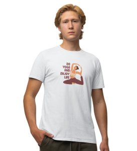 Stretch Into Happiness White Round Neck Cotton Half Sleeved Men T-Shirt with Printed Graphics