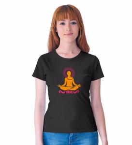 Just Yoga Black Round Neck Cotton Half Sleeved WomenT-Shirt with Printed Graphics