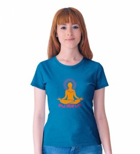 Just Yoga Blue Round Neck Cotton Half Sleeved Women T-Shirt with Printed Graphics