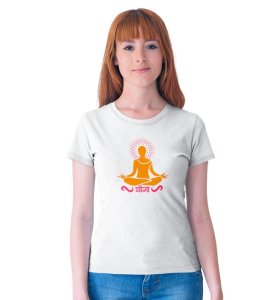 Just Yoga White Round Neck Cotton Half Sleeved Women T-Shirt with Printed Graphics