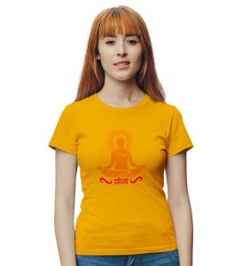 Just Yoga Yellow Round Neck Cotton Half Sleeved Women T-Shirt with Printed Graphics