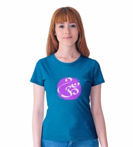 Om! Blue Round Neck Cotton Half Sleeved Women T-Shirt with Printed Graphics