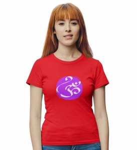 Om! Red Round Neck Cotton Half Sleeved Women T-Shirt with Printed Graphics