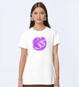 Om! White Round Neck Cotton Half Sleeved Women T-Shirt with Printed Graphics