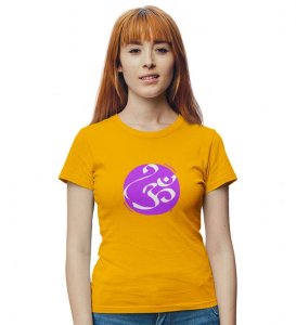Om! Yellow Round Neck Cotton Half Sleeved Women T-Shirt with Printed Graphics