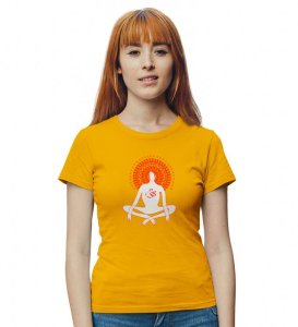 Power Of Om Yellow Round Neck Cotton Half Sleeved Women T-Shirt with Printed Graphics