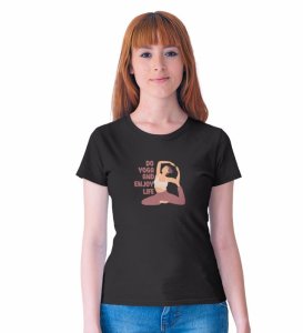 Stretch Into Happiness Black Round Neck Cotton Half Sleeved WomenT-Shirt with Printed Graphics