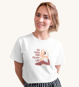 Stretch Into Happiness White Round Neck Cotton Half Sleeved Women T-Shirt with Printed Graphics