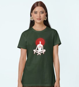 Power Of Om Green Round Neck Cotton Half Sleeved Women T-Shirt with Printed Graphics