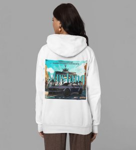 Born to Run American Muscle Power Printed White Hoodie for Women