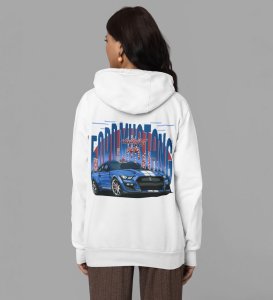Performance Meets Perfection High-Power Sports Car Printed White Hoodie for Women