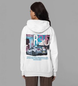 R35: Where Power Knows No Limits High-Performance Car Printed White Hoodie for Women