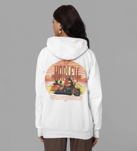 The Open Road Awaits Iconic Cruiser Printed White Hoodie for Women