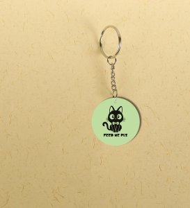 Pretty Kitty Saying Feed Me Plz Printed Round Keychain Pack of 2