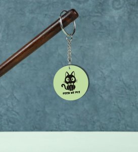 Pretty Kitty Saying Feed Me Plz Printed Round Keychain Pack of 2
