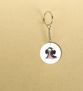 Adorable Pink-Eyed Cartoon Girl Printed Round Keychain Pack of 2