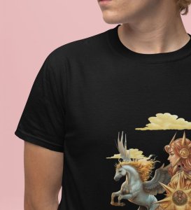 The Eternal Flight: Celestial Knight Graphic Printed Black T-Shirt