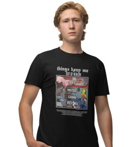 Digital Comforts: Eat Music Game Repeat Graphic Printed Black T-Shirt
