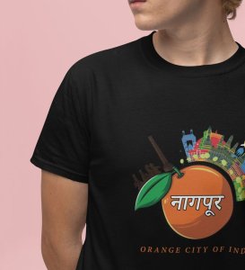 Orange City & Temple Tranquility: Nagpur's Divine Spirit Graphic Printed Black T-Shirt for Men
