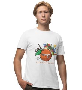 Orange City & Temple Tranquility: Nagpur's Divine Spirit Graphic Printed White T-Shirt for Men