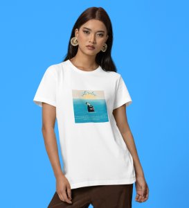 Blue Horizon: Cat Daydreaming Scene Graphic Printed White T-Shirt