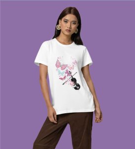 Wings of Melody: Elegant Violin and Butterflies Graphic Printed Black T-Shirt