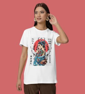 Heritage in Ink: Chinese-Inspired Feminine Design Graphic Printed White T-Shirt