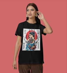 Heritage in Ink: Chinese-Inspired Feminine Design Graphic Printed Black T-Shirt