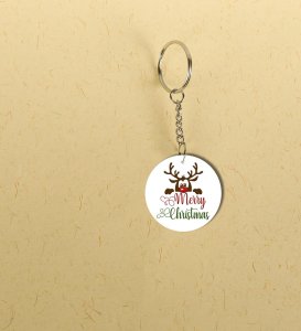 Playful Merry Christmas Reindeer Antlers Holiday Art Printed Round Keychain Pack of 2