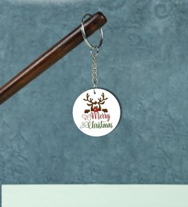 Playful Merry Christmas Reindeer Antlers Holiday Art Printed Round Keychain Pack of 2
